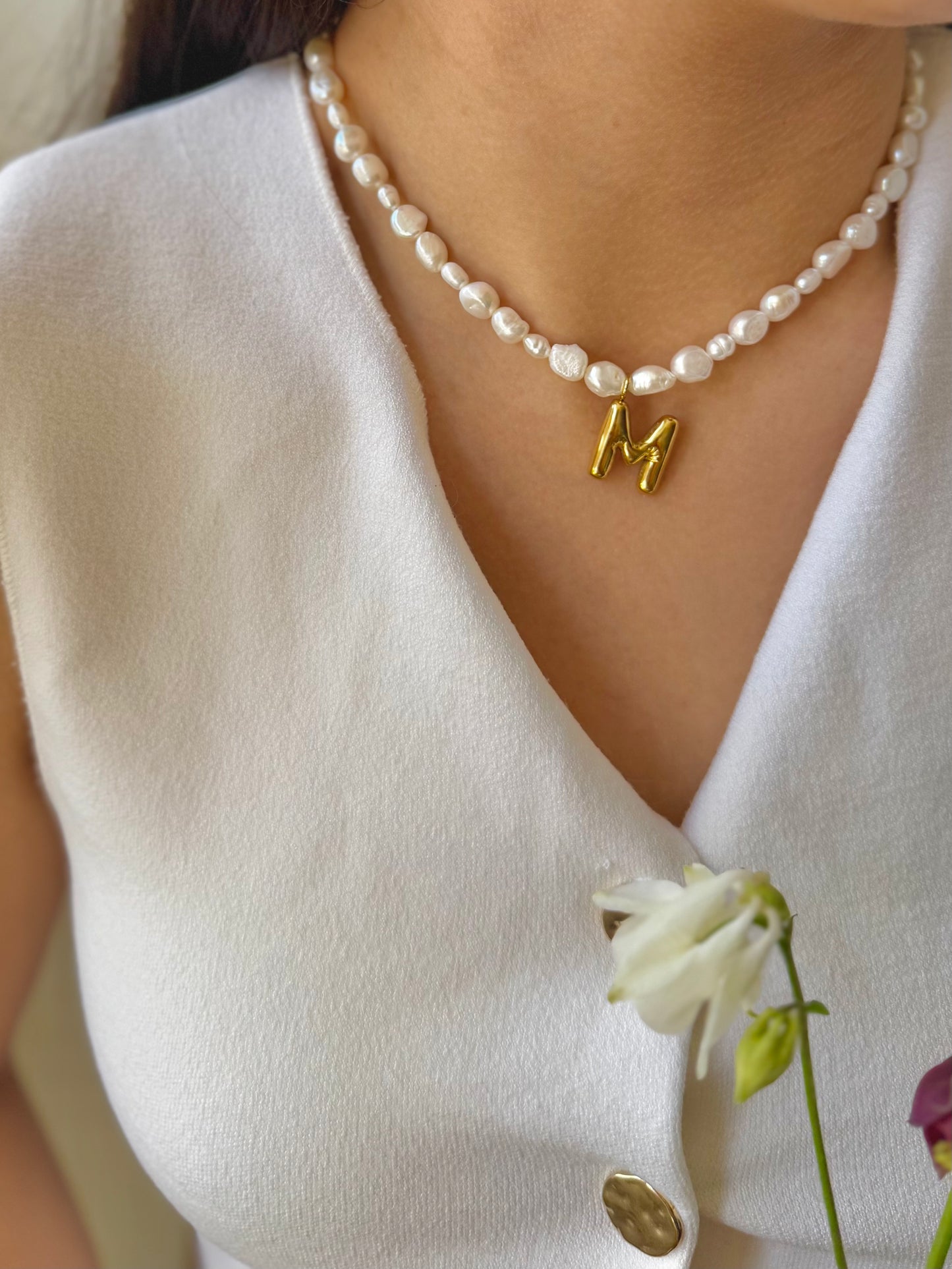 Nugget Pearl Initial Necklace