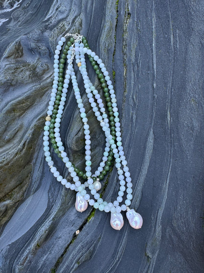Jade beaded necklace with genuine Baroque pearl